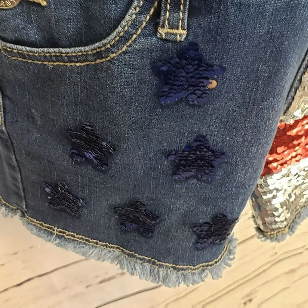 Justice Girl’s Denim Sequin American Flag Summer Shortalls Overalls Size‎ 12